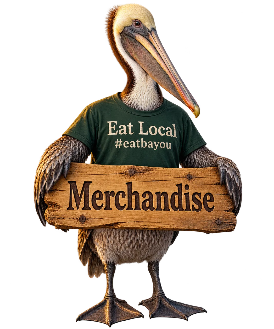Pelican wearing an Eat Local shirt and holding a Merchandise sign