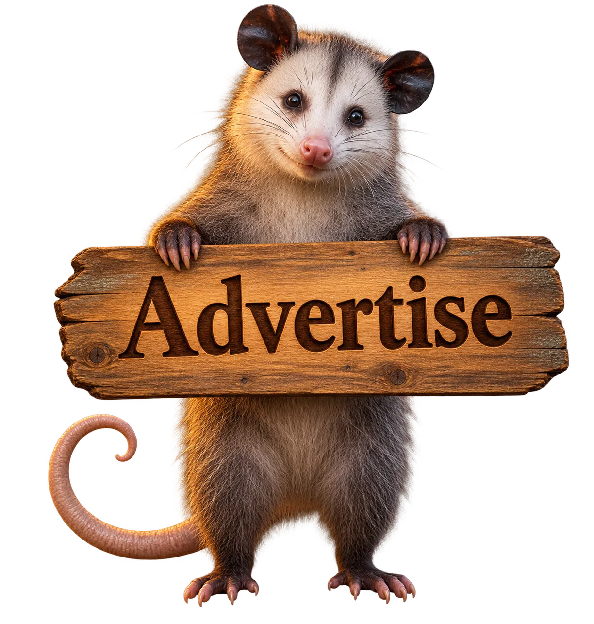 Possum holding an Advertise sign